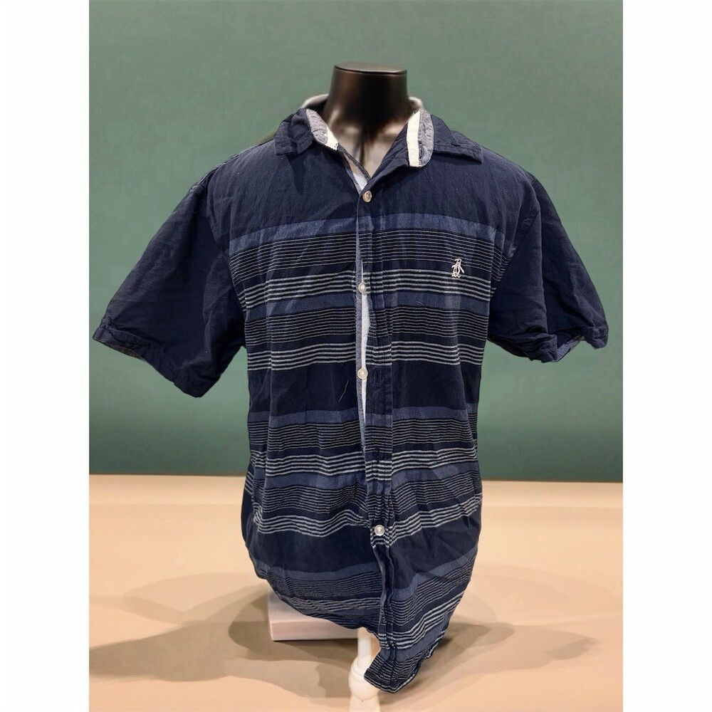 Original Penguin Button-Up Shirt Boys 14/16 Navy Striped Short Sleeve